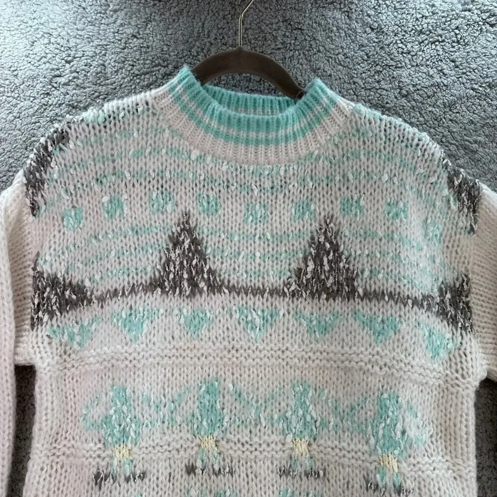 VTG Helium 80's Women's Large Knit Sweater Crew Neck White‎ / Gray / Blue